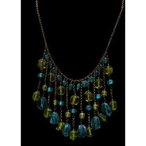Vintage Bohemian Venetian Art Glass Blue And Green Fringe Necklace